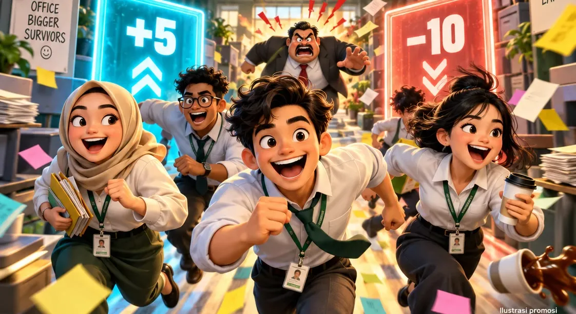 3D office crew running through +5 and -10 gates, chased by the Angry Boss