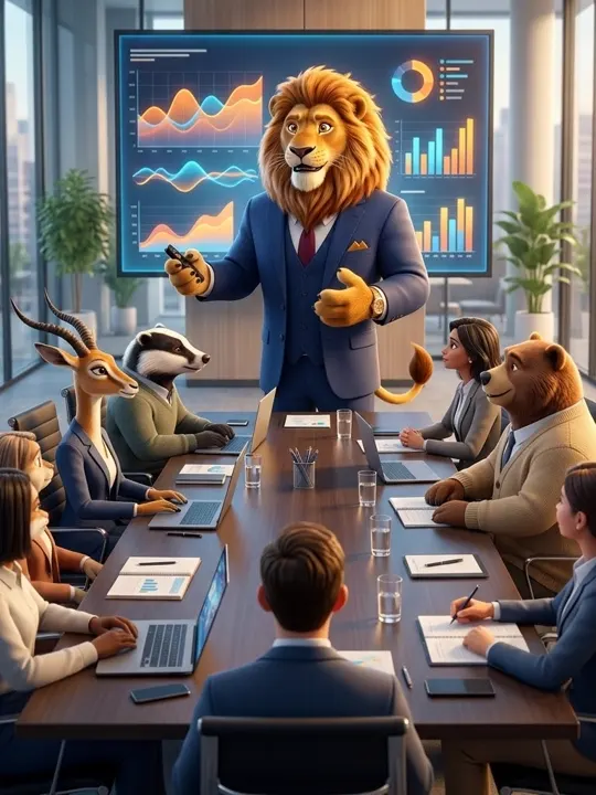 The Boss lion presenting in a meeting