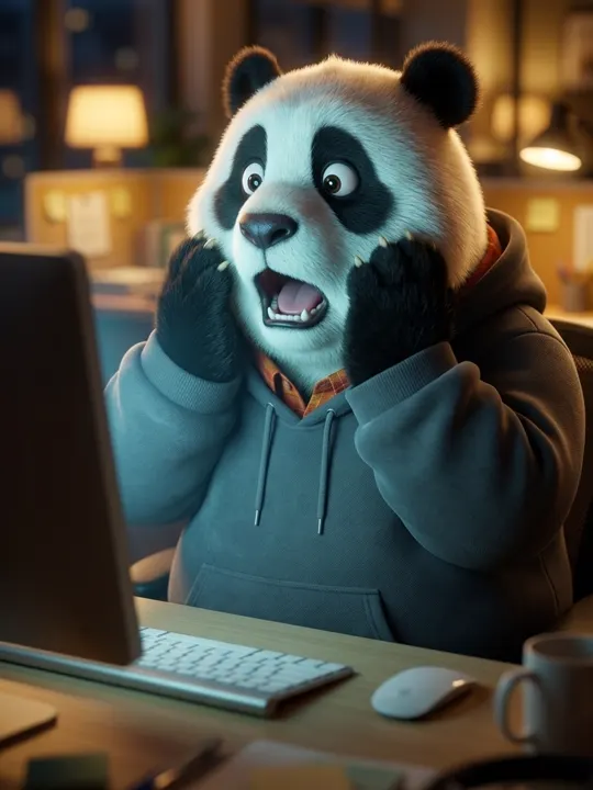 Benny the panda shocked at his screen