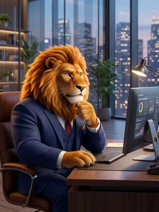 The Boss lion thinking at his desk